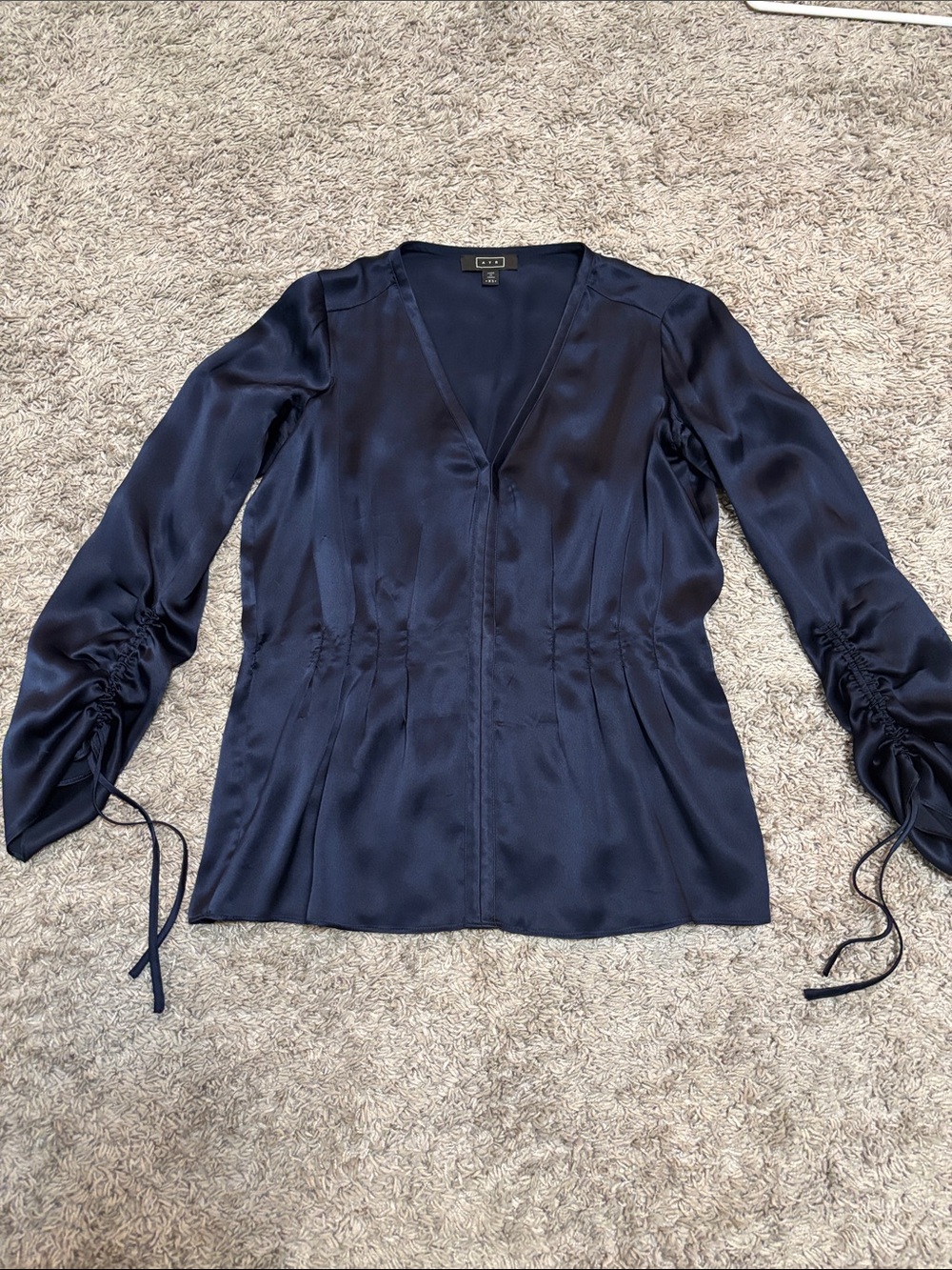 AYR Navy Silk V‑Neck Blouse with Drawstring Sleeves